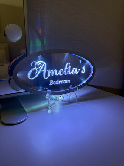 Personalised LED Mirror, Oval Shape, Kids Bedroom Sign, Plaque, Wedding, Office, Perfect Gift