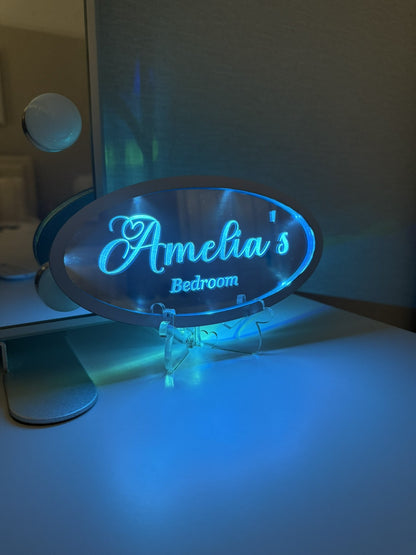Personalised LED Mirror, Oval Shape, Kids Bedroom Sign, Plaque, Wedding, Office, Perfect Gift