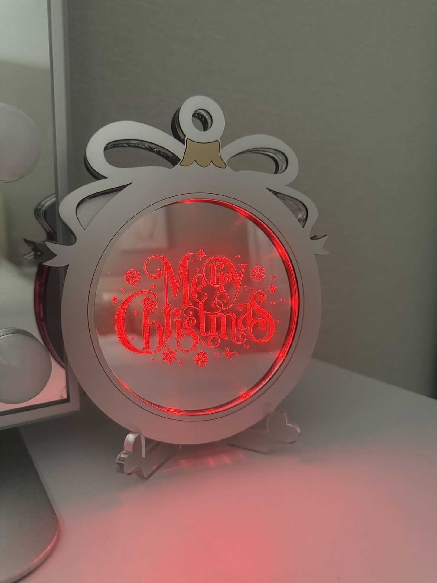 Personalised LED Mirror, Christmas Bauble Shape, Kids Bedroom Sign, Plaque, Wedding, Office, Perfect Gift