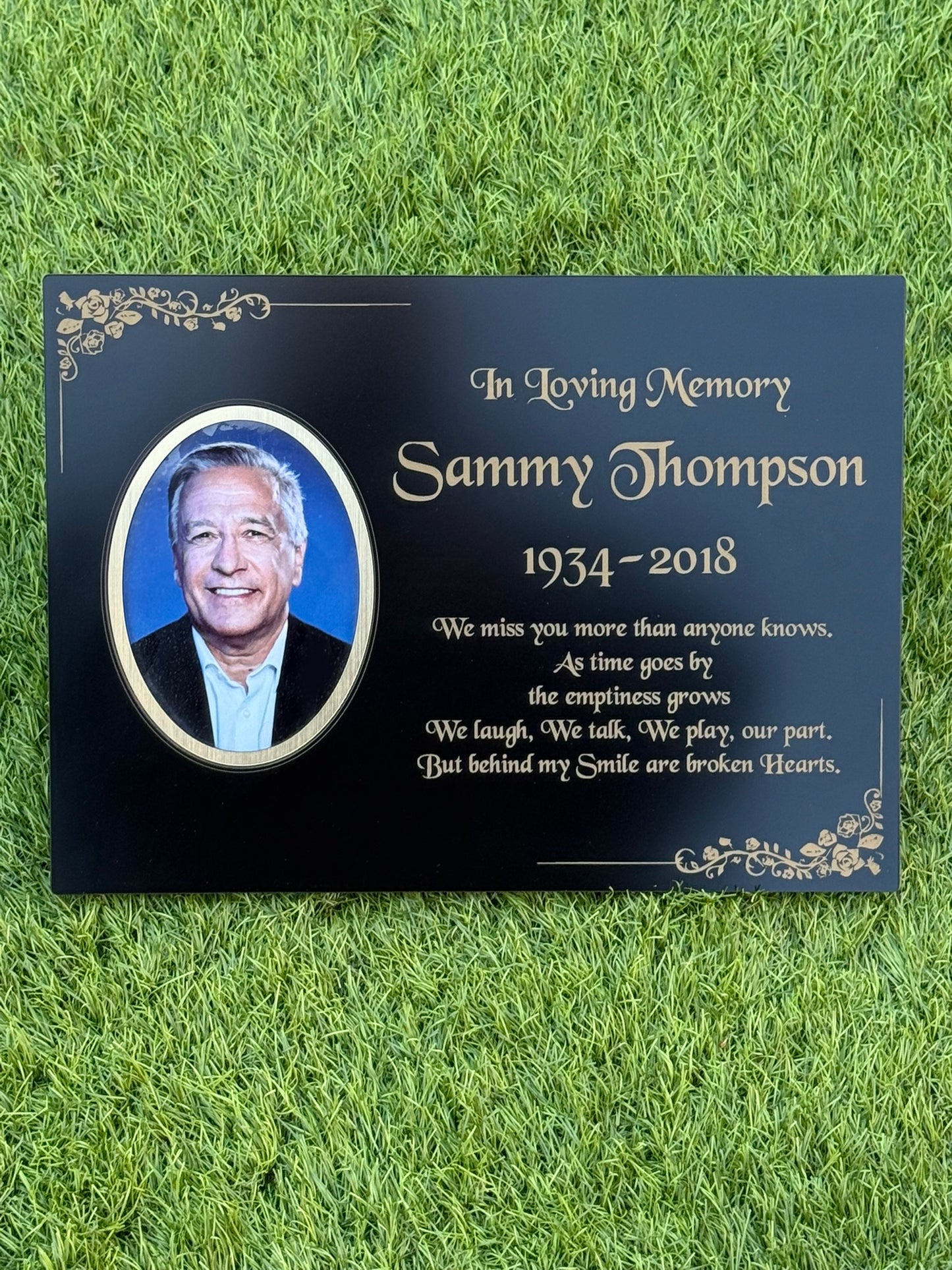 Personalised Memorial Photo Plaque, 29x21cm Engraved Grave Marker, with Gold Wording, Satin Black, with base stand