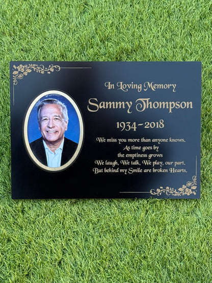 Personalised Memorial Photo Plaque, 29x21cm Engraved Grave Marker, with Gold Wording, Satin Black, with base stand