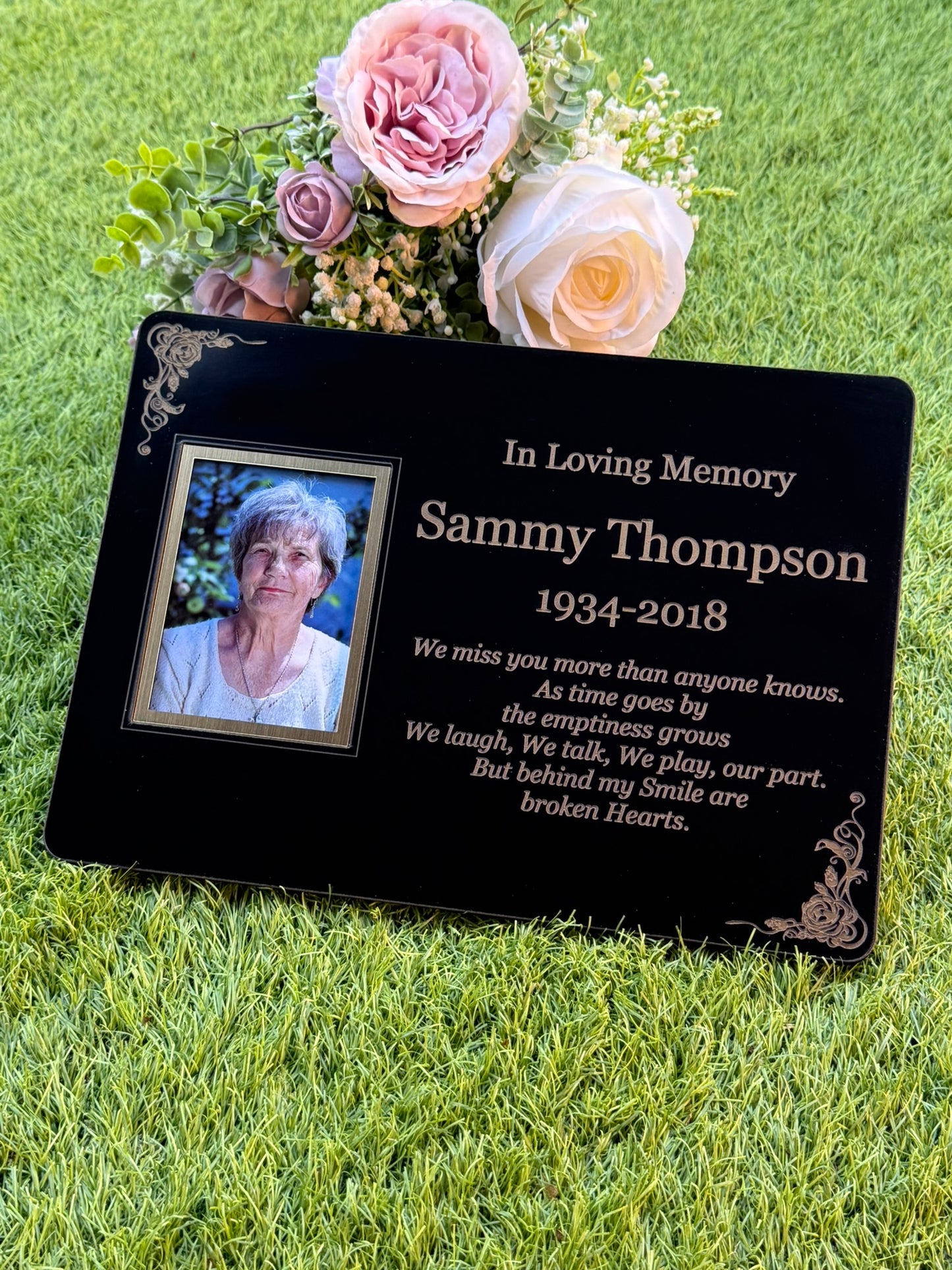 Personalised Memorial Photo Plaque, 29x21cm Engraved Grave Marker, with Gold Wording, Satin Black, with base stand