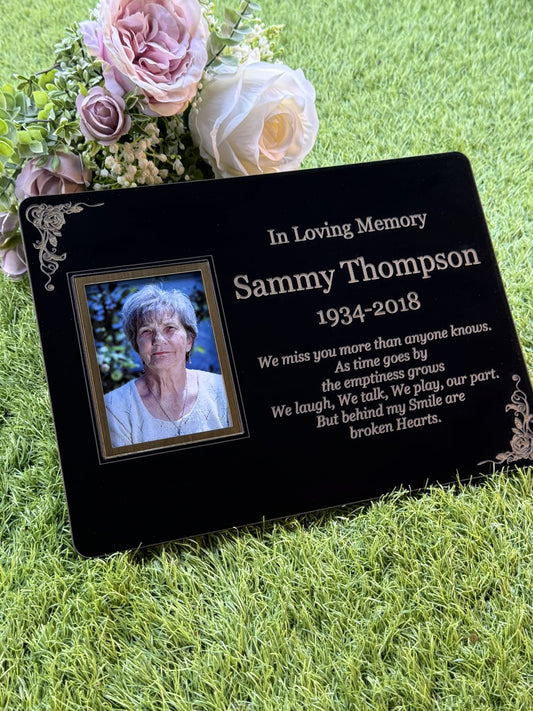 Personalised Memorial Photo Plaque, 29x21cm Engraved Grave Marker, with Gold Wording, Satin Black, with base stand