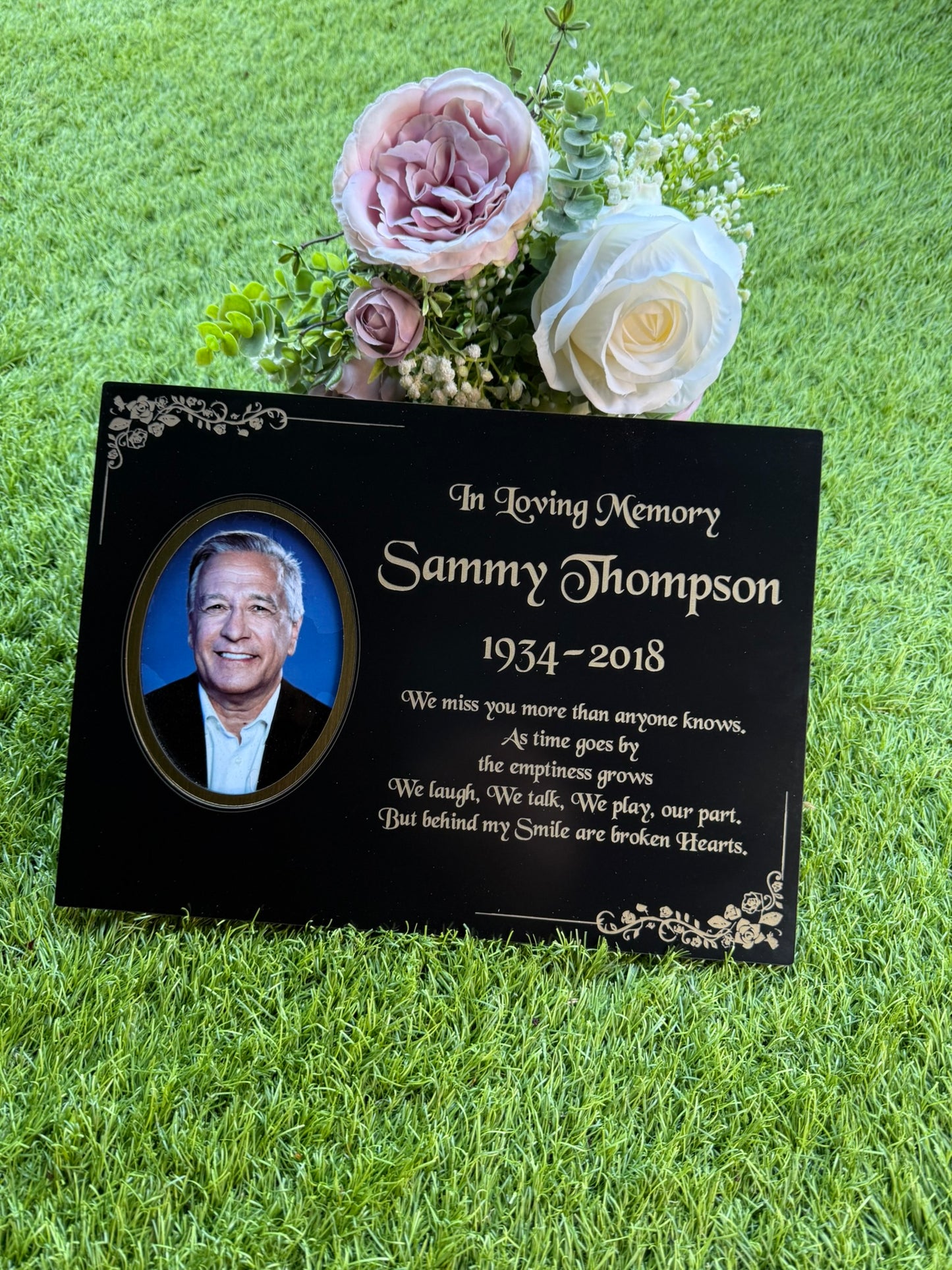 Personalised Memorial Photo Plaque, 29x21cm Engraved Grave Marker, with Gold Wording, Satin Black, with base stand