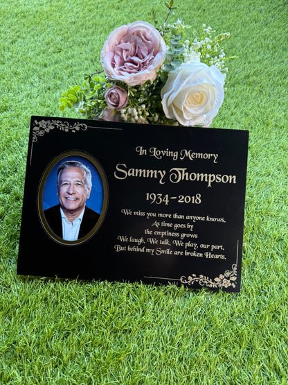 Personalised Memorial Photo Plaque, 29x21cm Engraved Grave Marker, with Gold Wording, Satin Black, with base stand