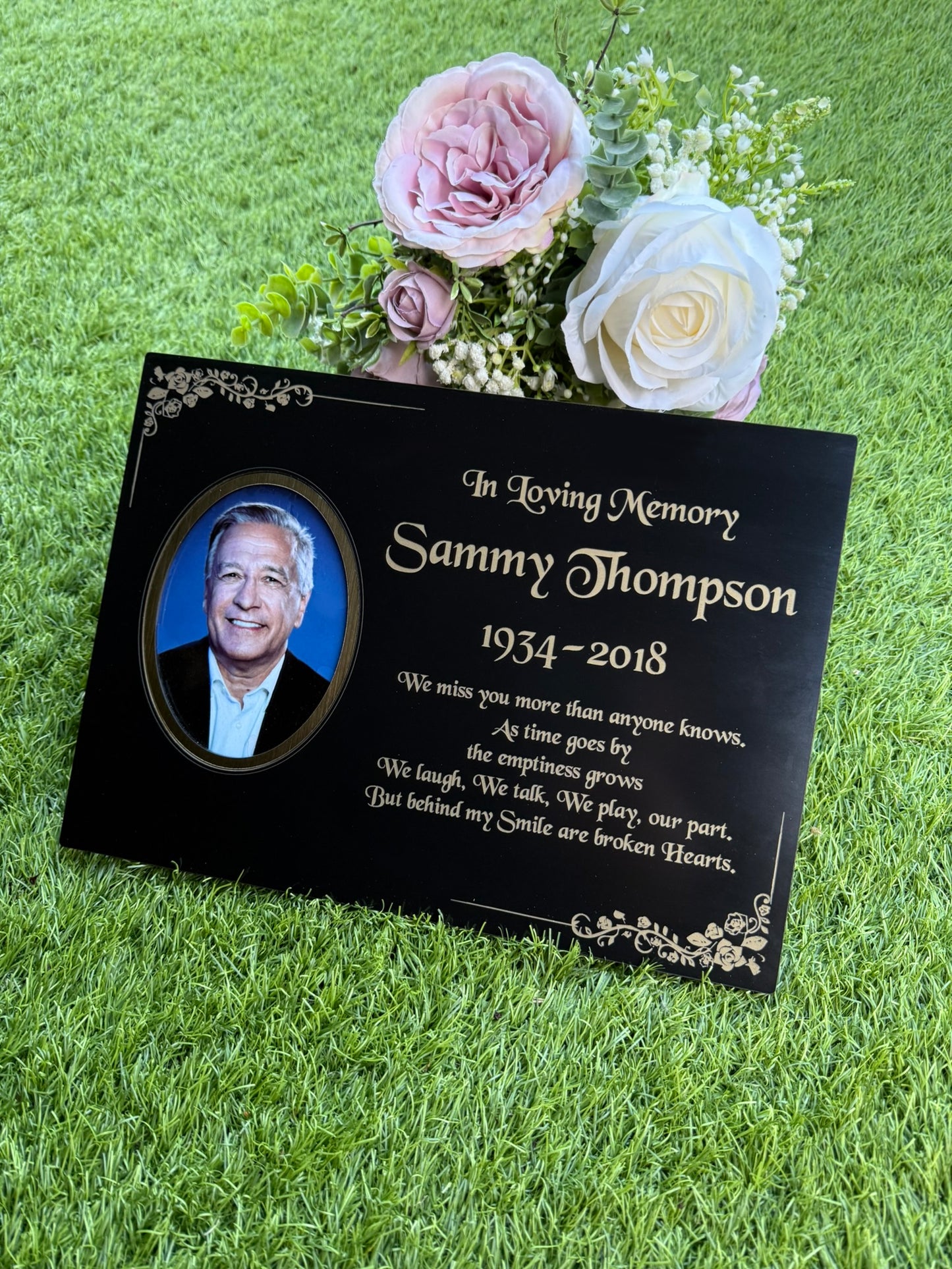 Personalised Memorial Photo Plaque, 29x21cm Engraved Grave Marker, with Gold Wording, Satin Black, with base stand