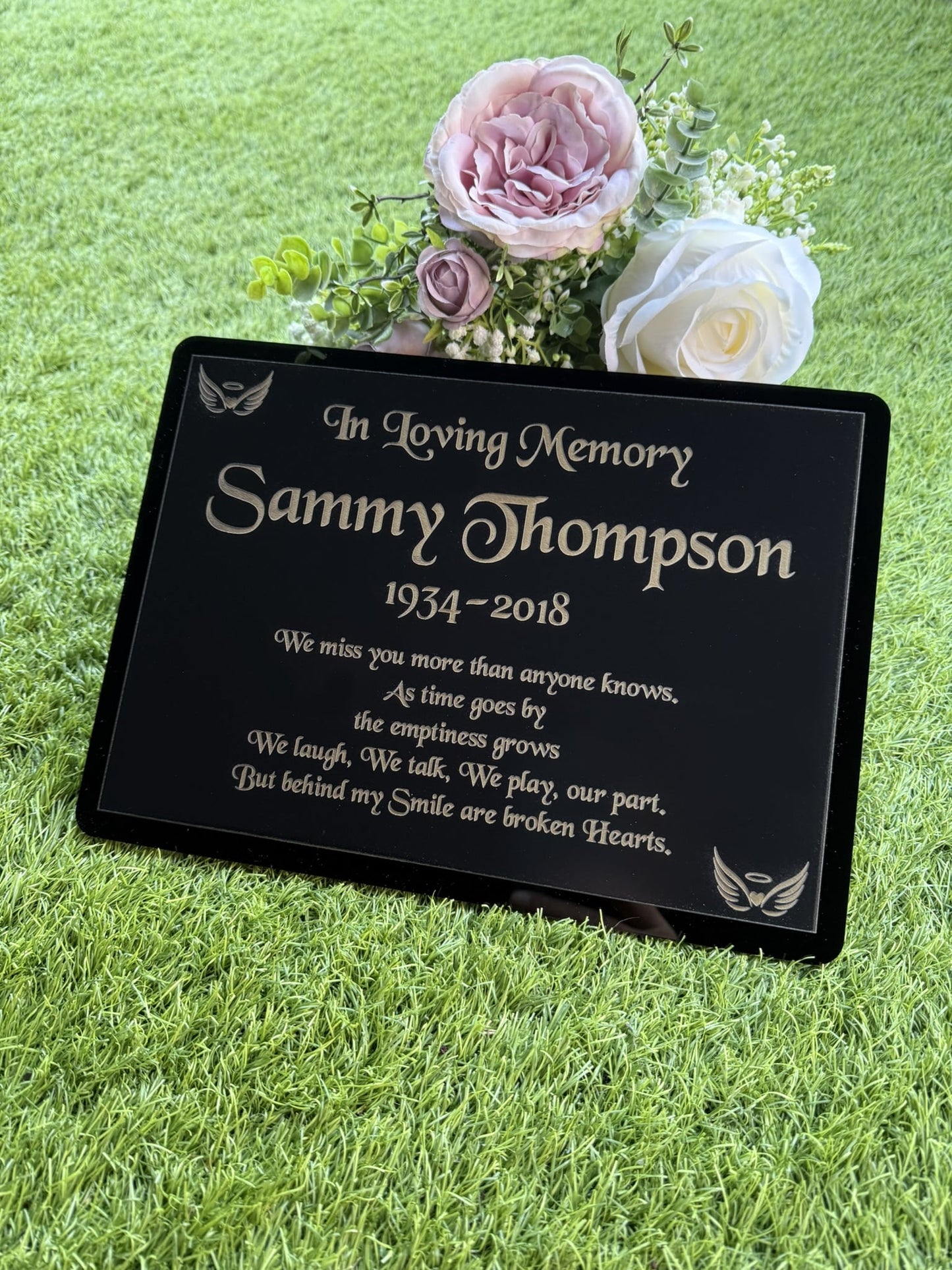 Personalised Memorial Plaque, 29x21cm Engraved Grave Marker, with Gold Wording, Satin Black, with base stand