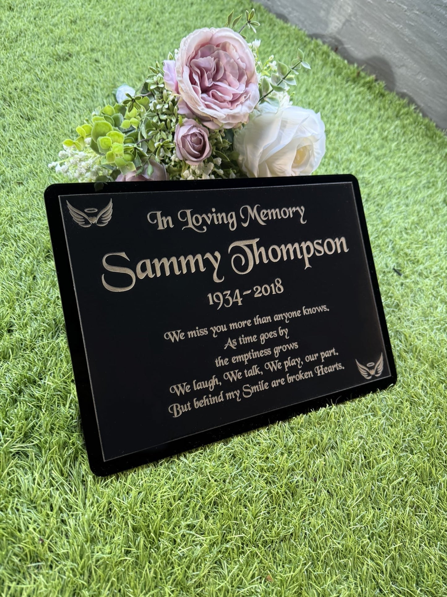 Personalised Memorial Plaque, 29x21cm Engraved Grave Marker, with Gold Wording, Satin Black, with base stand
