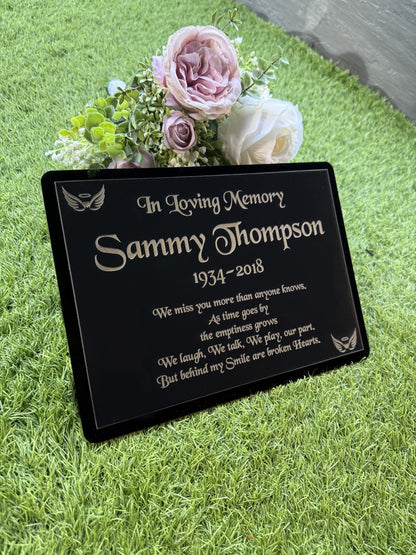 Personalised Memorial Plaque, 29x21cm Engraved Grave Marker, with Gold Wording, Satin Black, with base stand