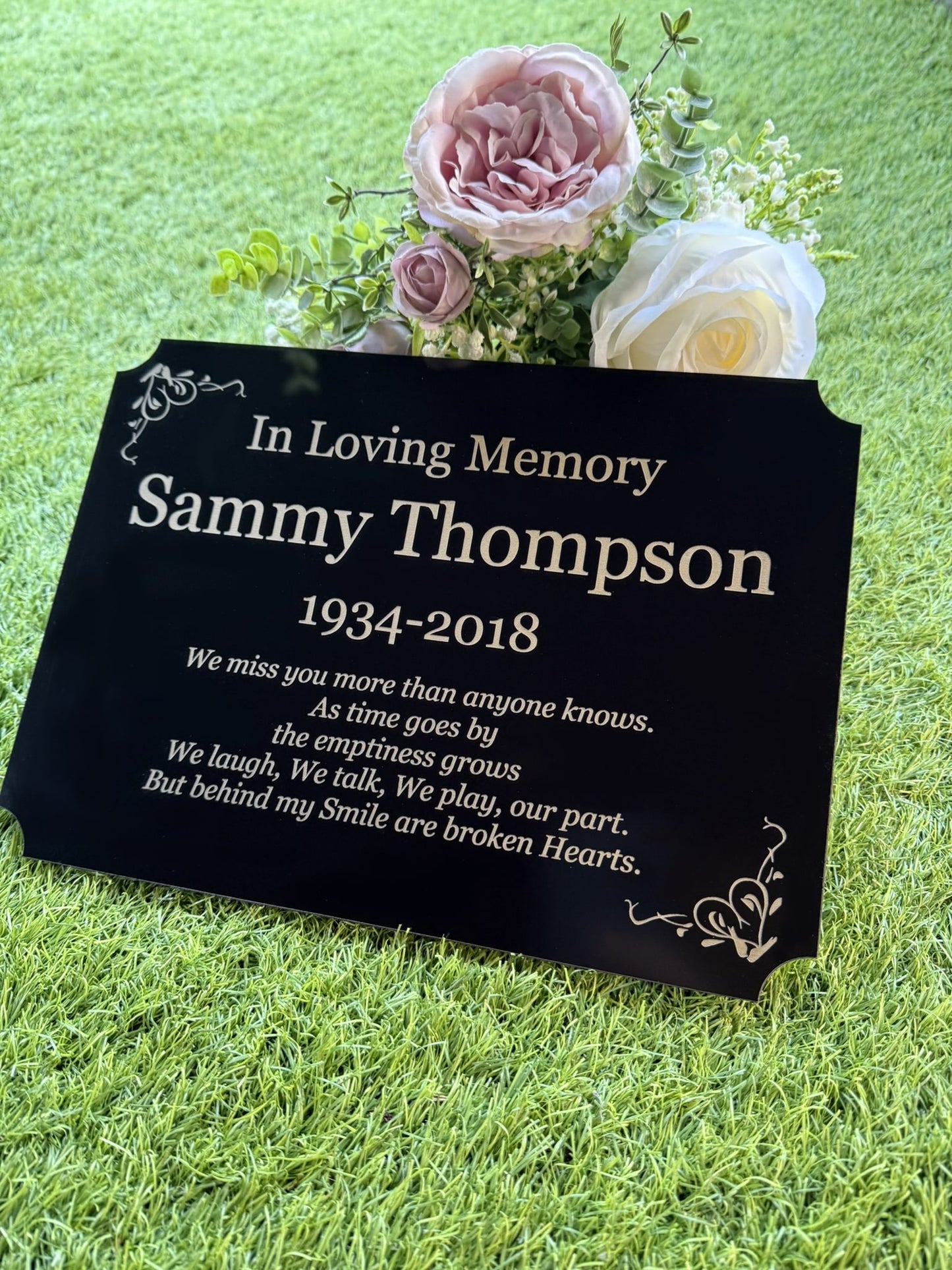 Personalised Memorial Plaque, 29x21cm Engraved Grave Marker, with Gold Wording, Satin Black, with base stand
