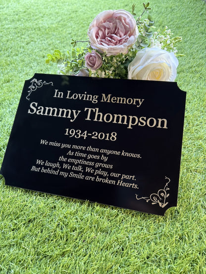 Personalised Memorial Plaque, 29x21cm Engraved Grave Marker, with Gold Wording, Satin Black, with base stand