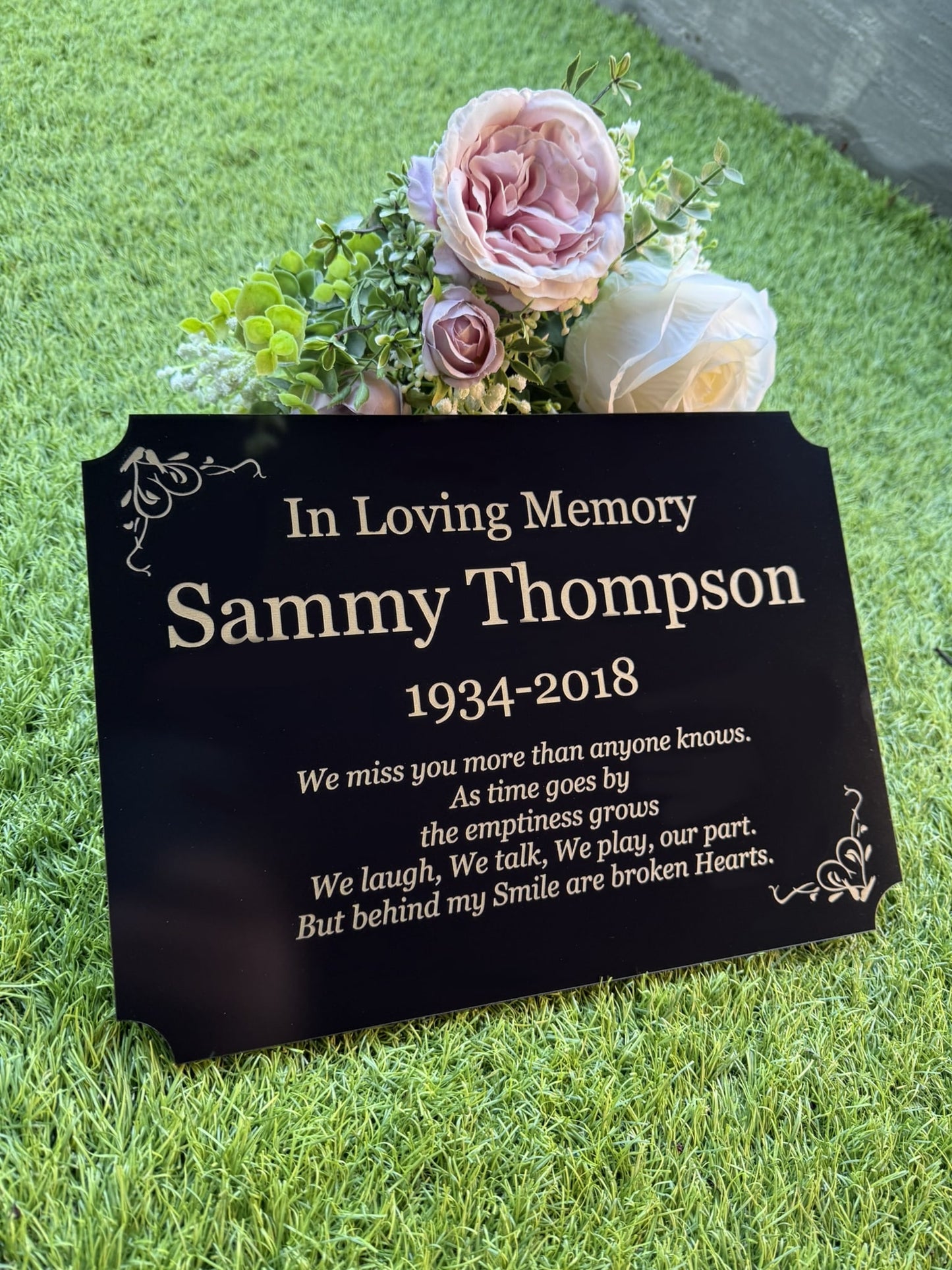 Personalised Memorial Plaque, 29x21cm Engraved Grave Marker, with Gold Wording, Satin Black, with base stand