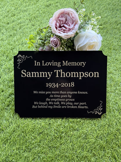 Personalised Memorial Plaque, 29x21cm Engraved Grave Marker, with Gold Wording, Satin Black, with base stand
