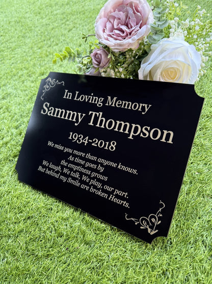 Personalised Memorial Plaque, 29x21cm Engraved Grave Marker, with Gold Wording, Satin Black, with base stand