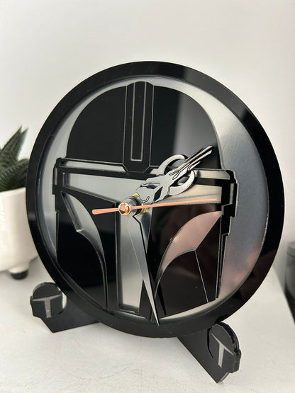 Handmade Star wars Mandalorian Clock Mando Black with acrylic mirrored backing