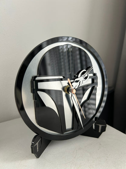 Handmade Star wars Mandalorian Clock Mando Black with acrylic mirrored backing