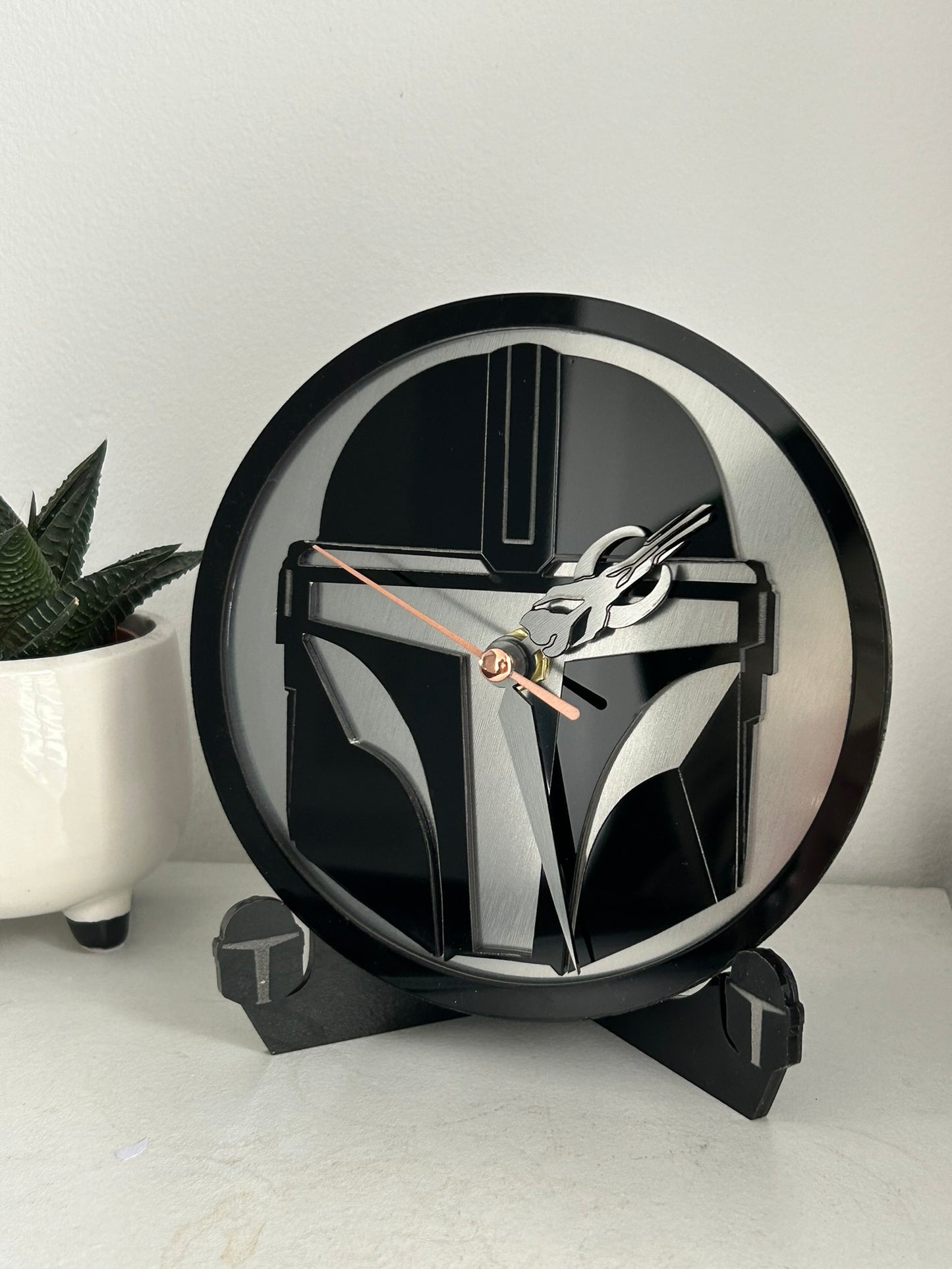 Handmade Star wars Mandalorian Clock Mando Black with acrylic mirrored backing