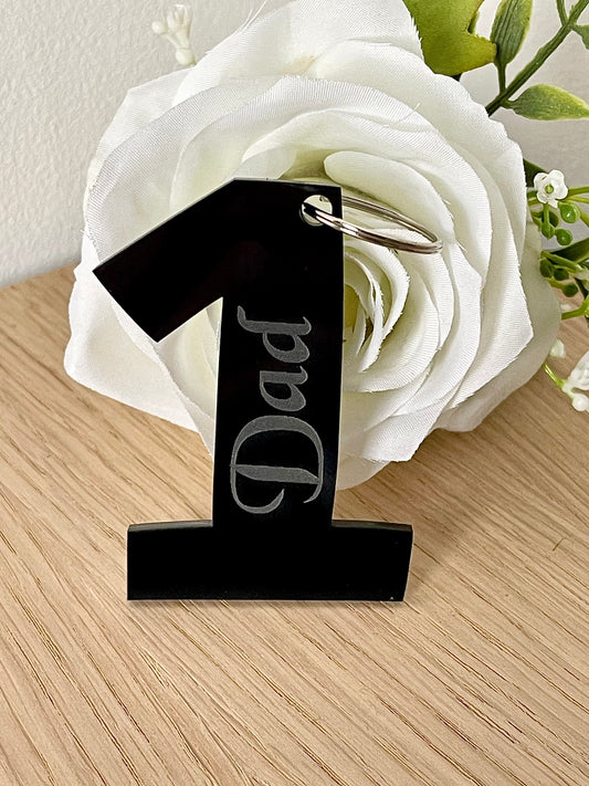 Large Number 1 Dad, Step Dad, Grandad Fathers Day Black Gloss Acrylic Keyring