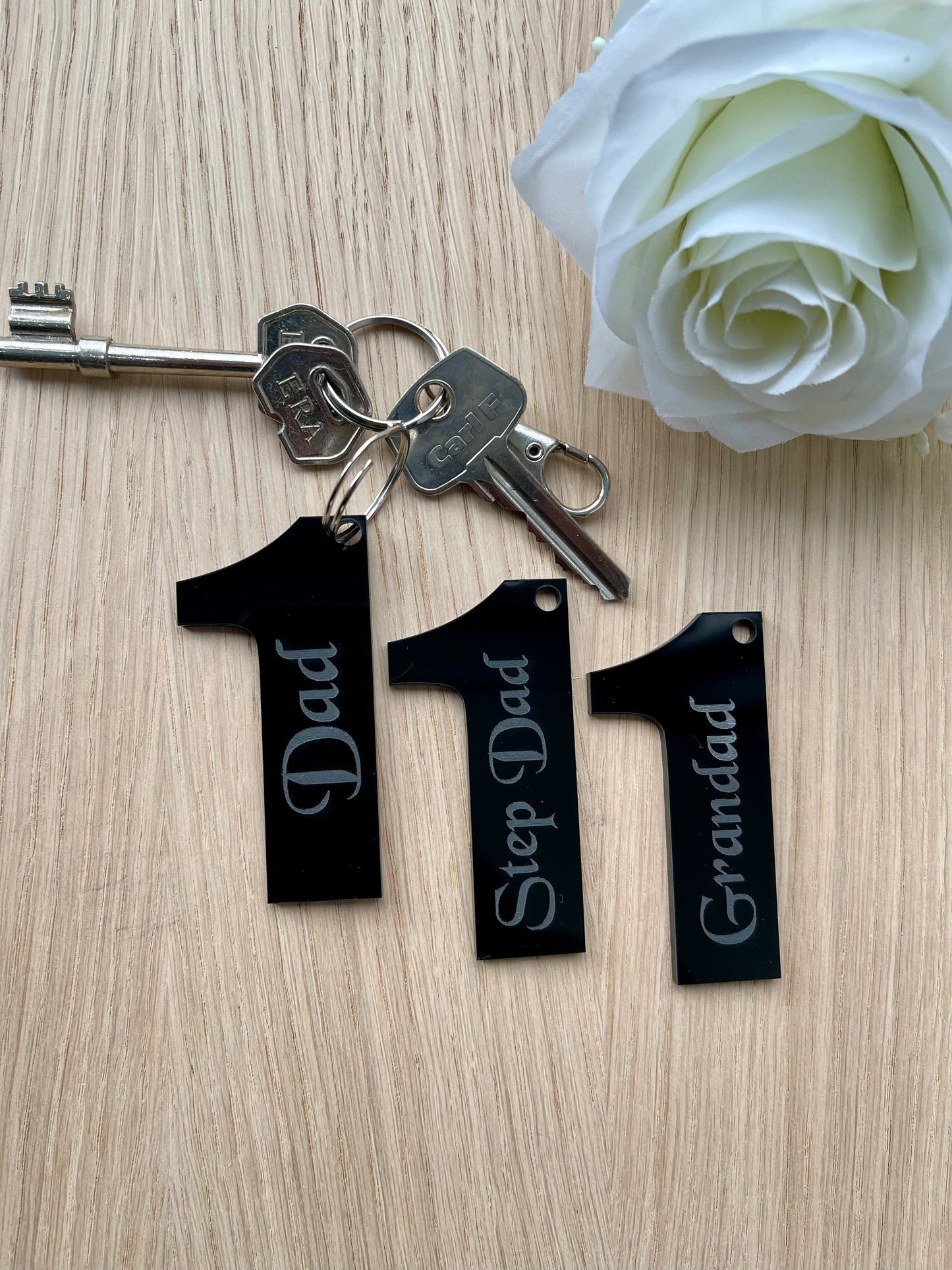 Small Number 1 Dad, Step Dad, Grandad Fathers Day Black Gloss Acrylic Keyring