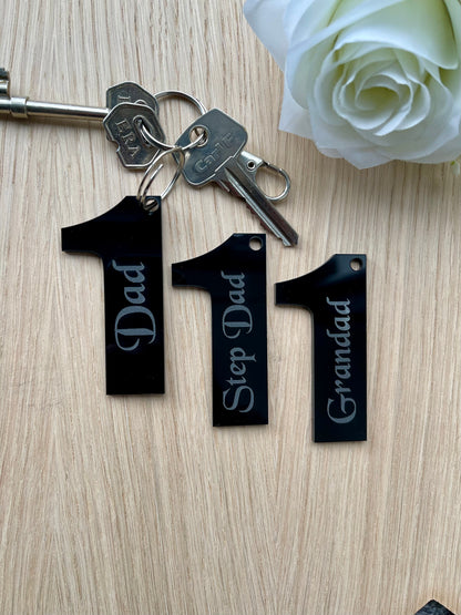 Small Number 1 Dad, Step Dad, Grandad Fathers Day Black Gloss Acrylic Keyring