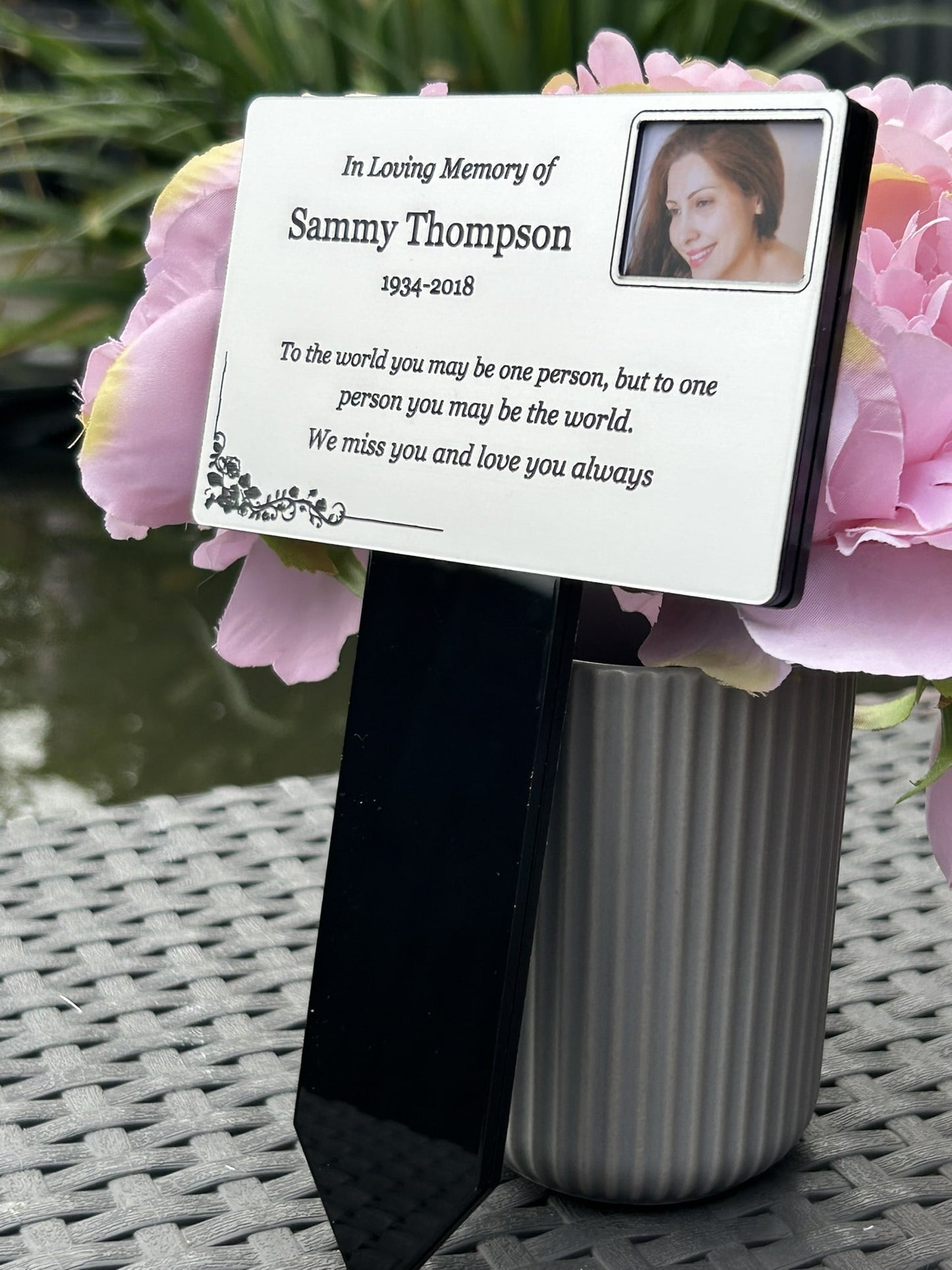 Personalised Memorial Plaque with photo, Garden Outdoors Plaques, Silver Graver marker, Dad, Father, Mum, Pets Rectangular