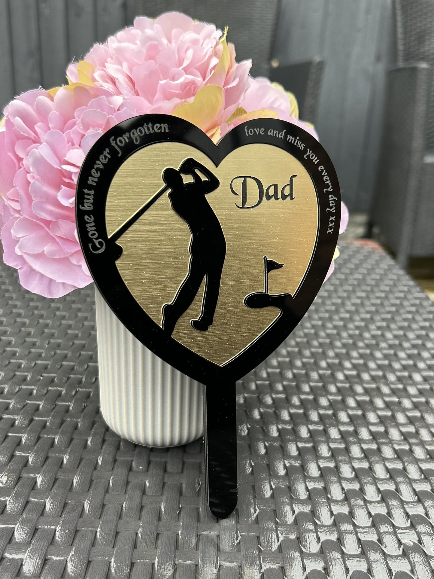 Personalised Memorial Plaques, Gold Golf memorial plaque, Garden Spike, funeral remembrance in loving memory