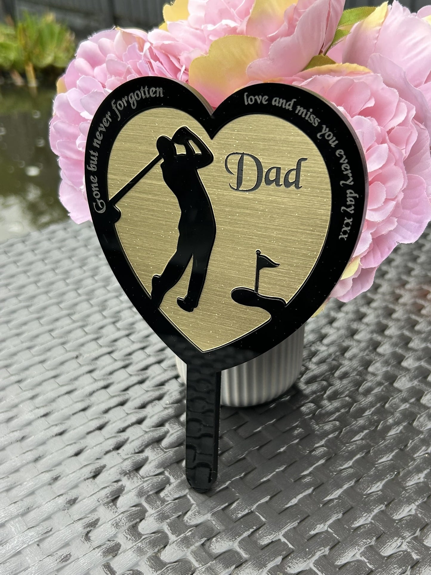 Personalised Memorial Plaques, Gold Golf memorial plaque, Garden Spike, funeral remembrance in loving memory