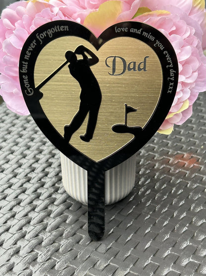 Personalised Memorial Plaques, Gold Golf memorial plaque, Garden Spike, funeral remembrance in loving memory