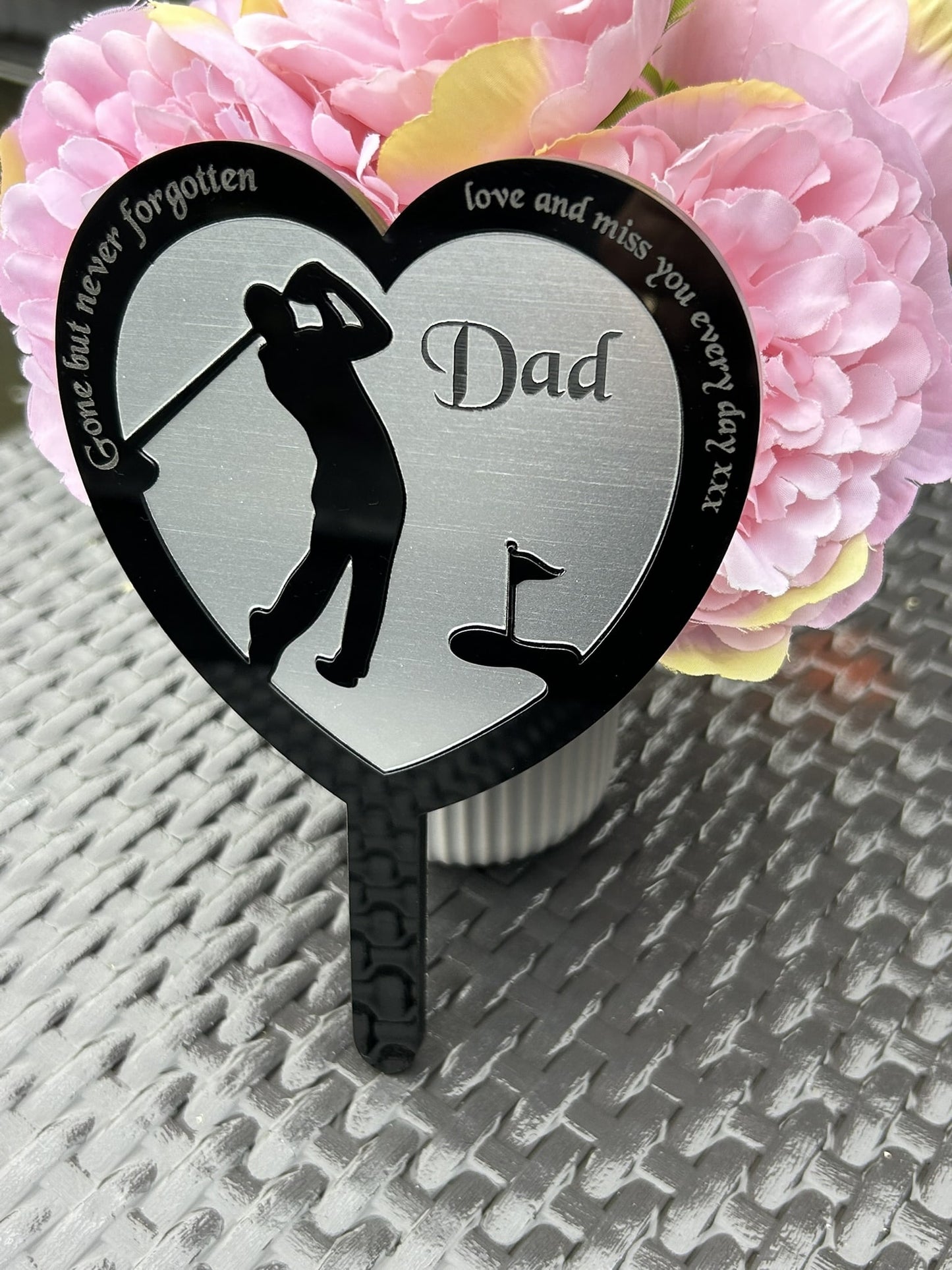 Personalised Memorial Plaques, Silver Golf memorial plaque, Garden Spike, funeral remembrance in loving memory