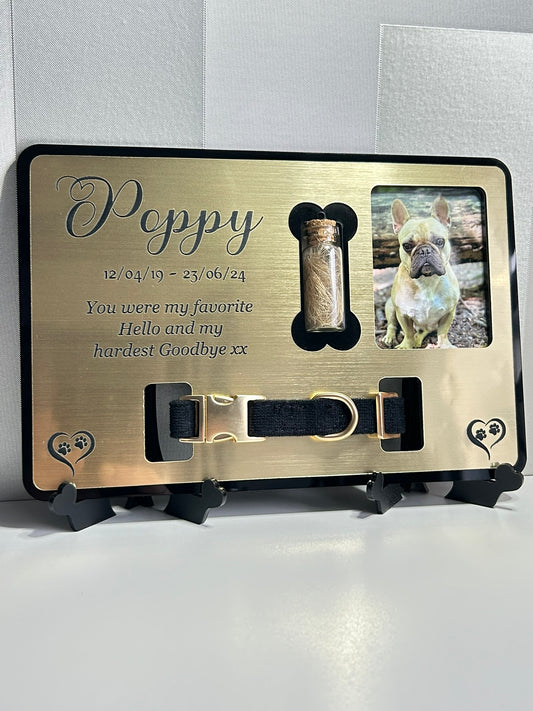 Pet Memorial Plaque, Pet fur Keepsake, Dog Memorial Collar Frame With Photo Gold