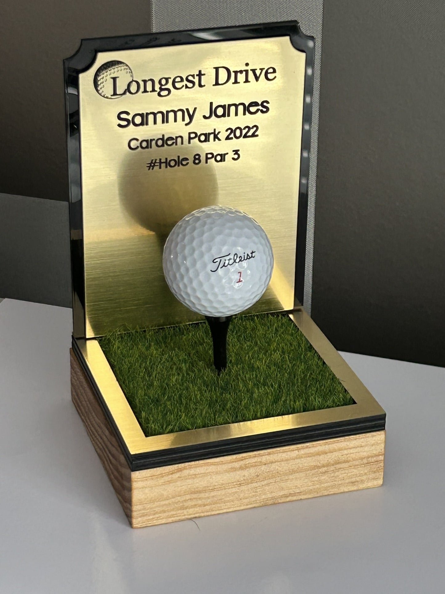 Hole in one, Golf Gifts, Longest Drive, Nearest the pin, personalised Plaques, Keepsakes ,Gold