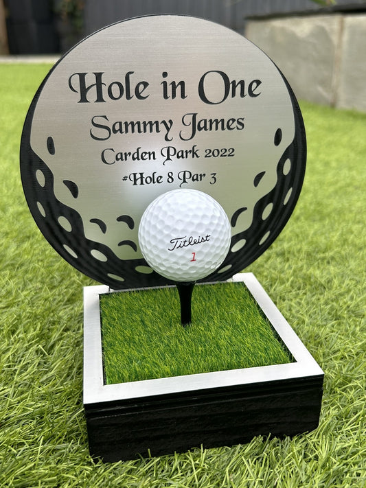 Hole in one, Golf Gifts, Longest Drive, Nearest the pin, personalised Plaques, Keepsakes ,Golf Ball Shape Silver