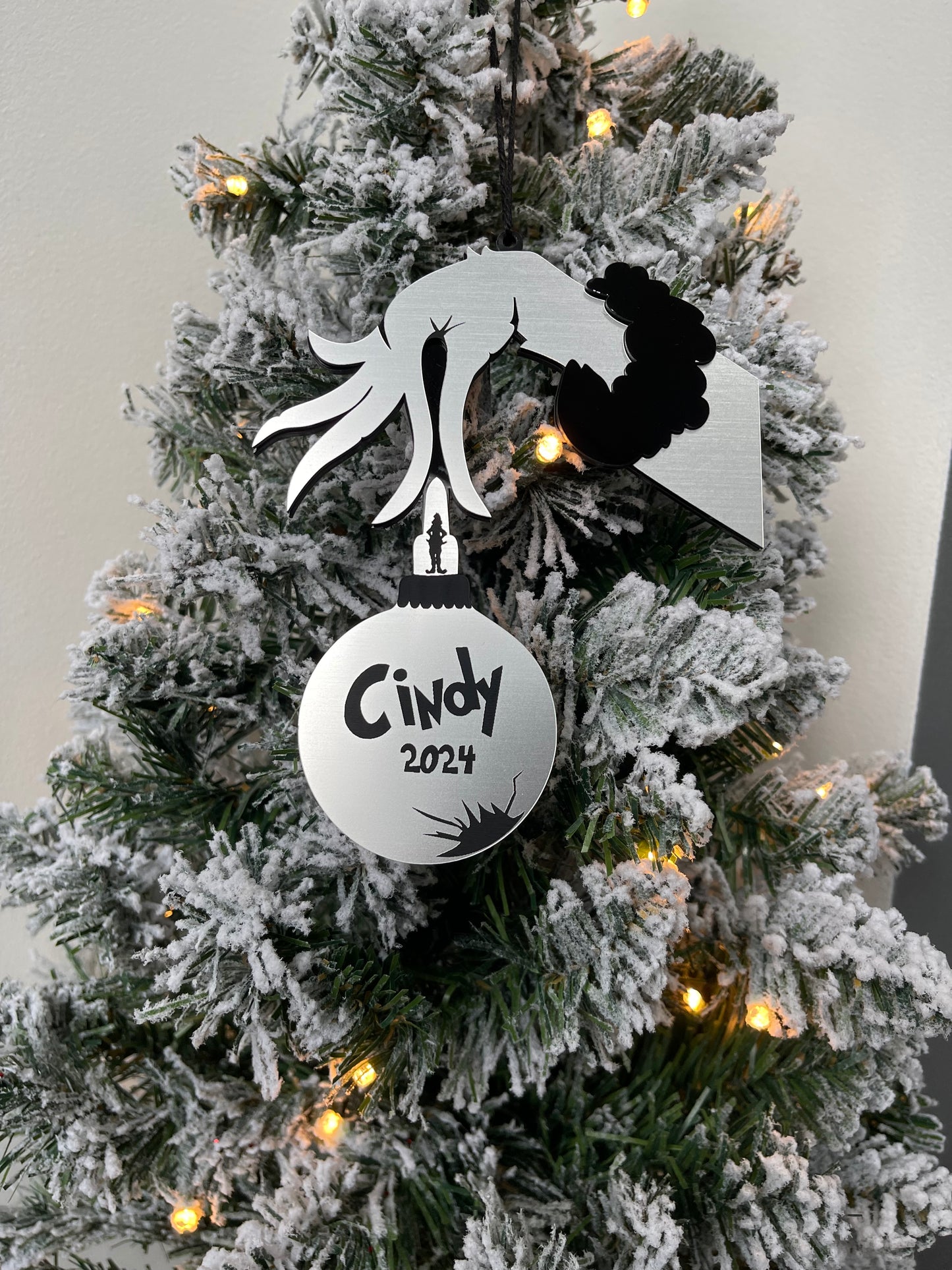 Personalised Grinch Hand Christmas Decoration, Christmas Decoration Bauble, Silver Acrylic Weatherproof Cracked