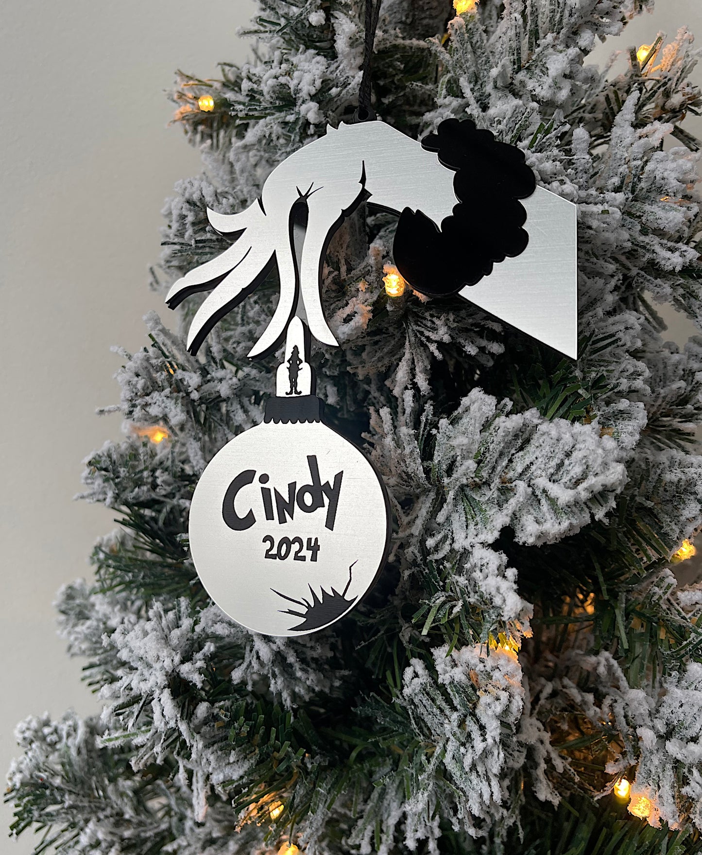 Personalised Grinch Hand Christmas Decoration, Christmas Decoration Bauble, Silver Acrylic Weatherproof Cracked