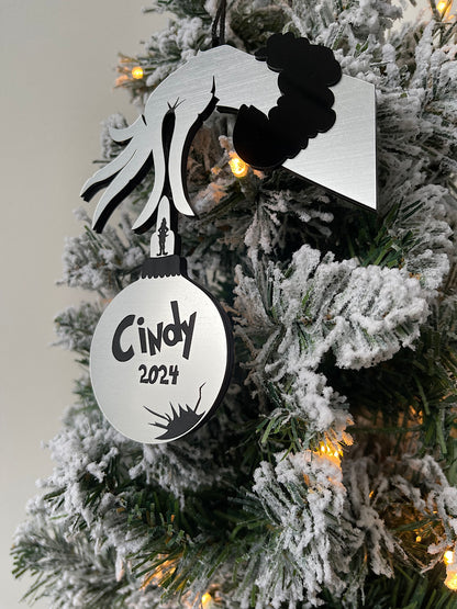 Personalised Grinch Hand Christmas Decoration, Christmas Decoration Bauble, Silver Acrylic Weatherproof Cracked