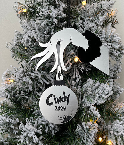 Personalised Grinch Hand Christmas Decoration, Christmas Decoration Bauble, Silver Acrylic Weatherproof Cracked