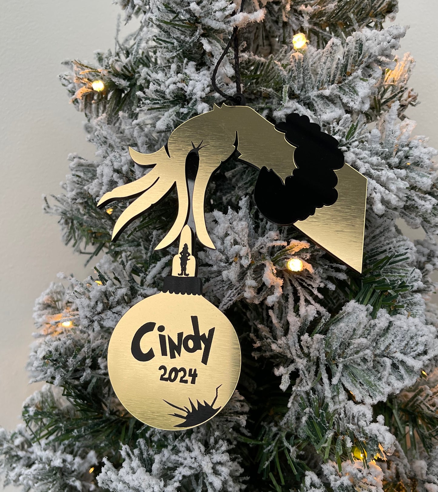 Personalised Grinch Hand Christmas Decoration, Christmas Decoration Bauble, Gold Acrylic Weatherproof