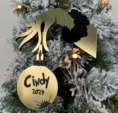 Personalised Grinch Hand Christmas Decoration, Christmas Decoration Bauble, Gold Acrylic Weatherproof