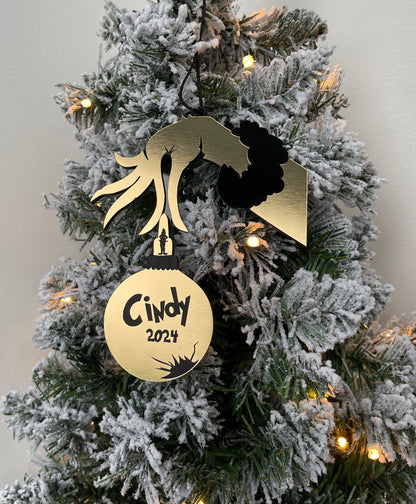 Personalised Grinch Hand Christmas Decoration, Christmas Decoration Bauble, Gold Acrylic Weatherproof