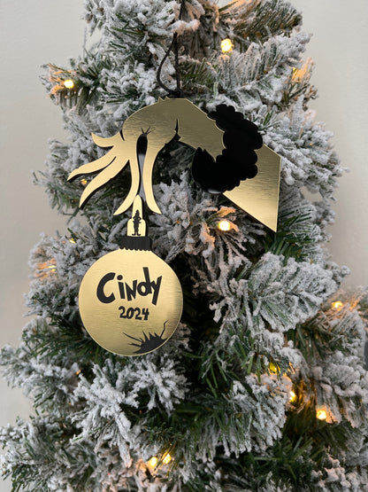 Personalised Grinch Hand Christmas Decoration, Christmas Decoration Bauble, Gold Acrylic Weatherproof