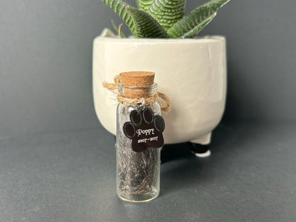 KC Laser Crafts Personalised Pet Dog Paw Hair Memorial glass bottle, Glass vial for hair fur or Ashes, with Black Acrylic