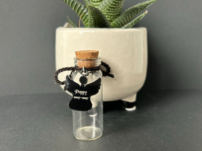 KC Laser Crafts Personalised Loved One Angel Hair Memorial glass bottle, Glass vial for hair or Ashes, with Black Acrylic