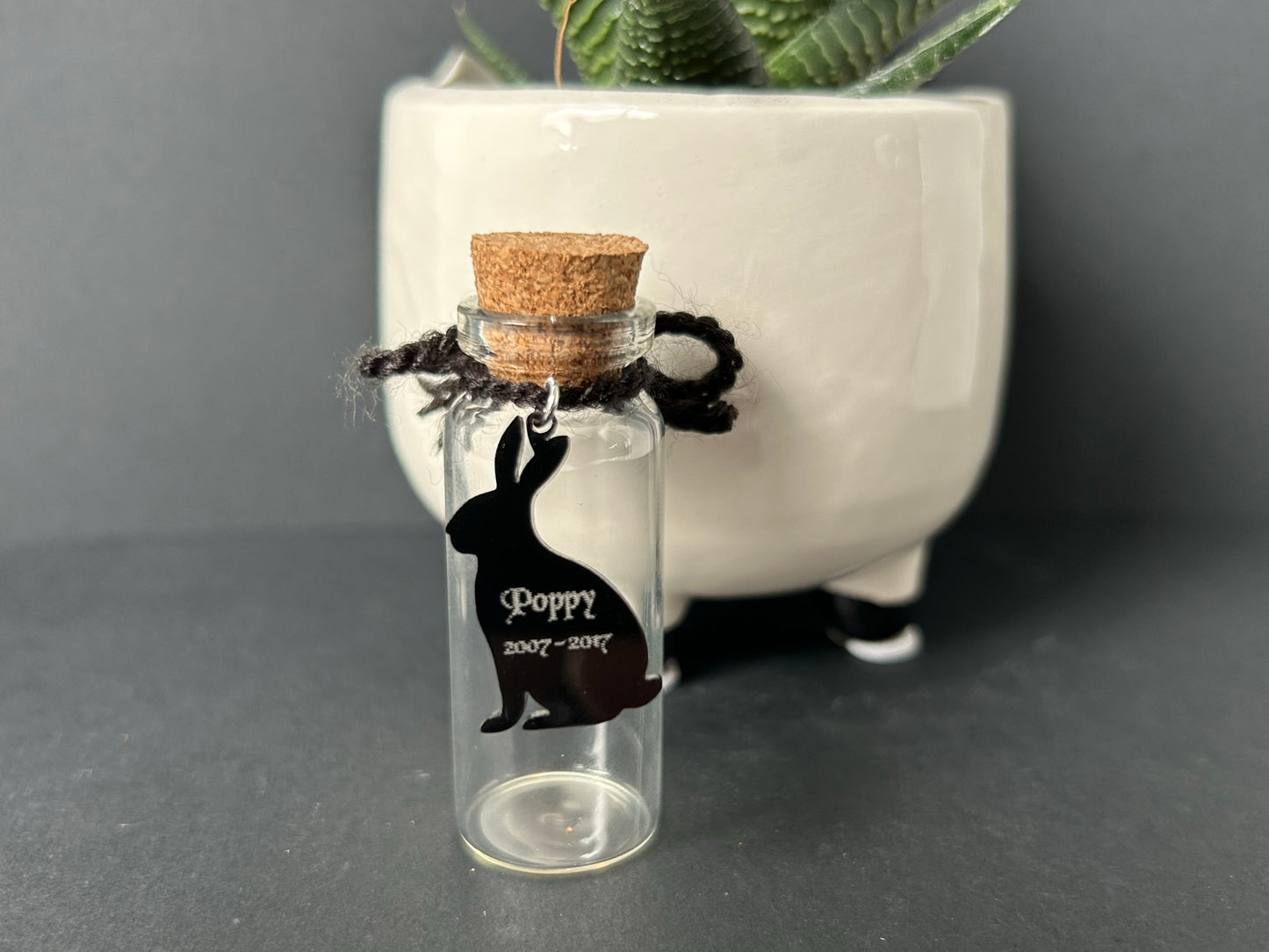 KC Laser Crafts Personalised Pet Rabbit Bunny Hair Memorial glass bottle, Glass vial for hair fur or Ashes, with Black Acrylic