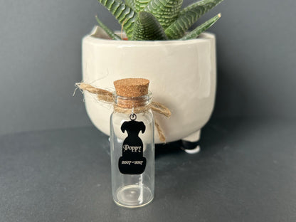 KC Laser Crafts Personalised Pet Dog Hair Memorial glass bottle, Glass vial for hair fur or Ashes, with Black Acrylic