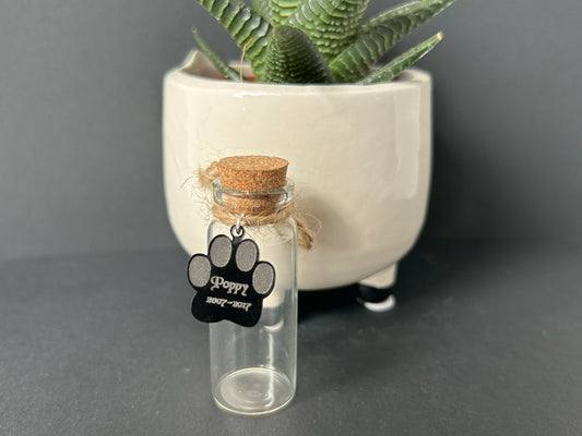 KC Laser Crafts Personalised Pet Dog Shaded Paw Hair Memorial glass bottle, Glass vial for hair fur or Ashes, with Black Acrylic