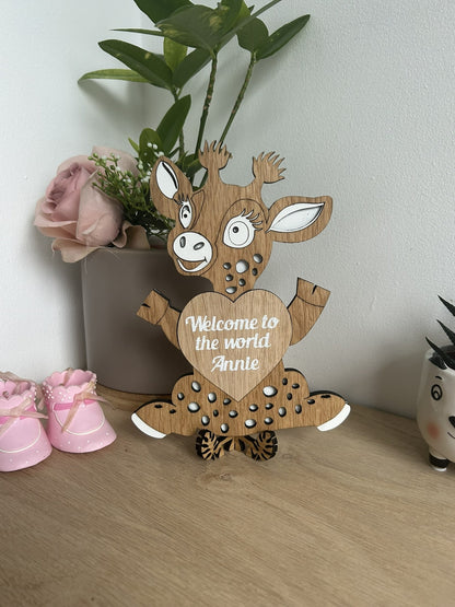 KC Laser Crafts Personalised Baby Announcement Plaque sign Hello Welcome to the world Baby Shower my name is, Social photo prop, oak giraffe