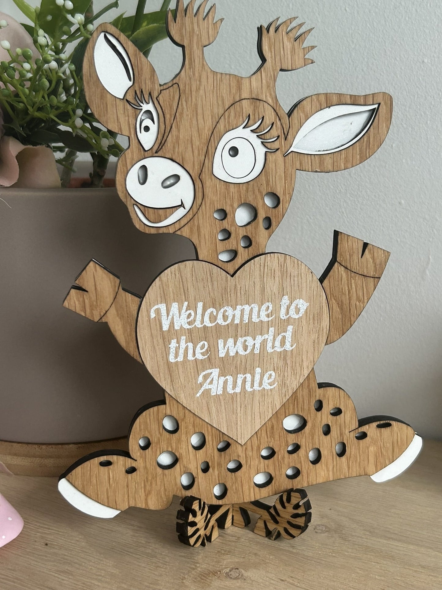 KC Laser Crafts Personalised Baby Announcement Plaque sign Hello Welcome to the world Baby Shower my name is, Social photo prop, oak giraffe