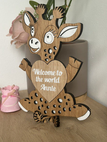 KC Laser Crafts Personalised Baby Announcement Plaque sign Hello Welcome to the world Baby Shower my name is, Social photo prop, oak giraffe