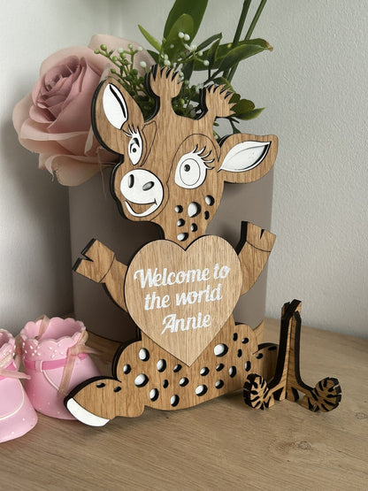 KC Laser Crafts Personalised Baby Announcement Plaque sign Hello Welcome to the world Baby Shower my name is, Social photo prop, oak giraffe