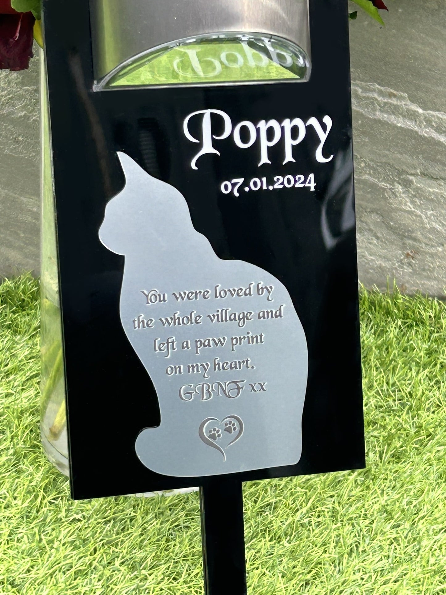 Personalised Pet Cat Memorial Plaque, Ground Stake, Grave Marker for Cemetery or Garden Sign & Solar Light